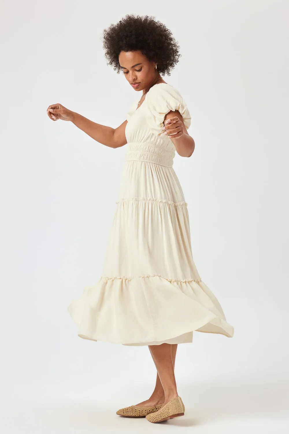 Cream Ruched Midi Dress