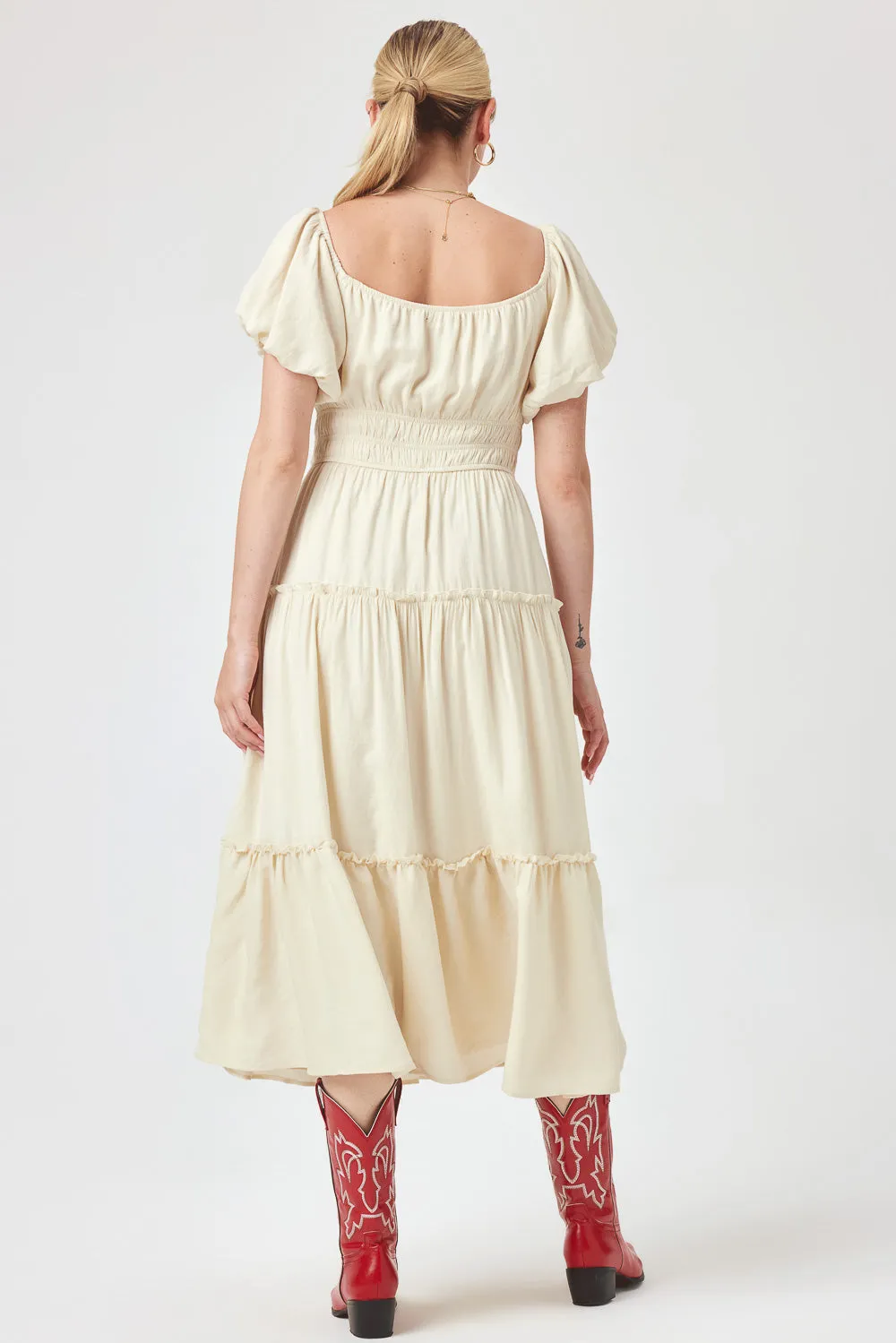 Cream Ruched Midi Dress