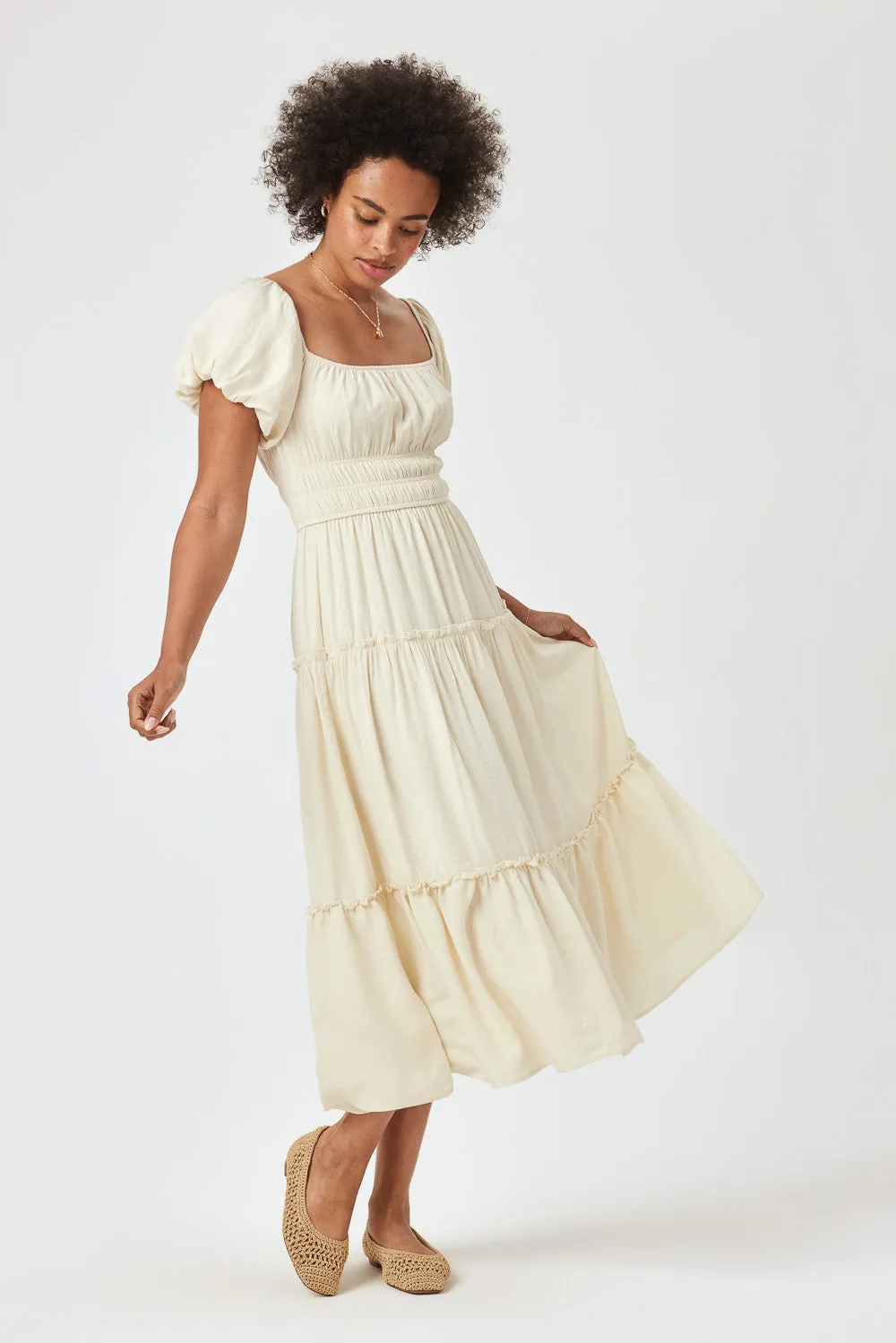 Cream Ruched Midi Dress