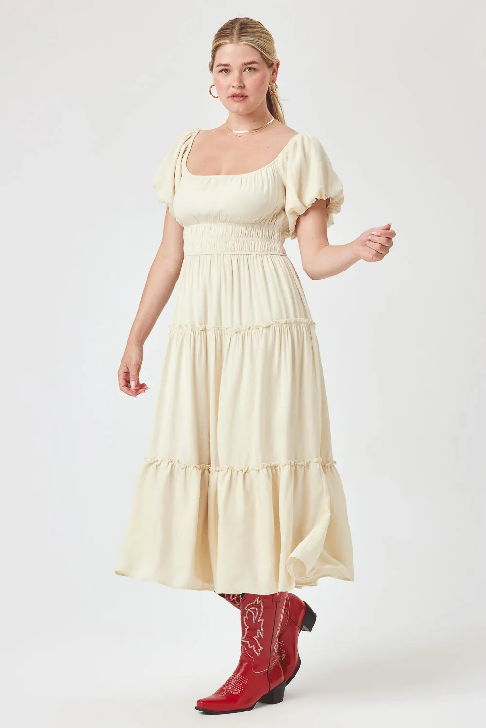 Cream Ruched Midi Dress