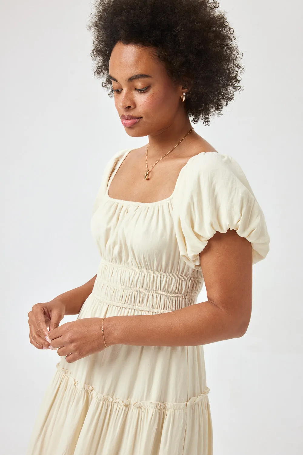 Cream Ruched Midi Dress