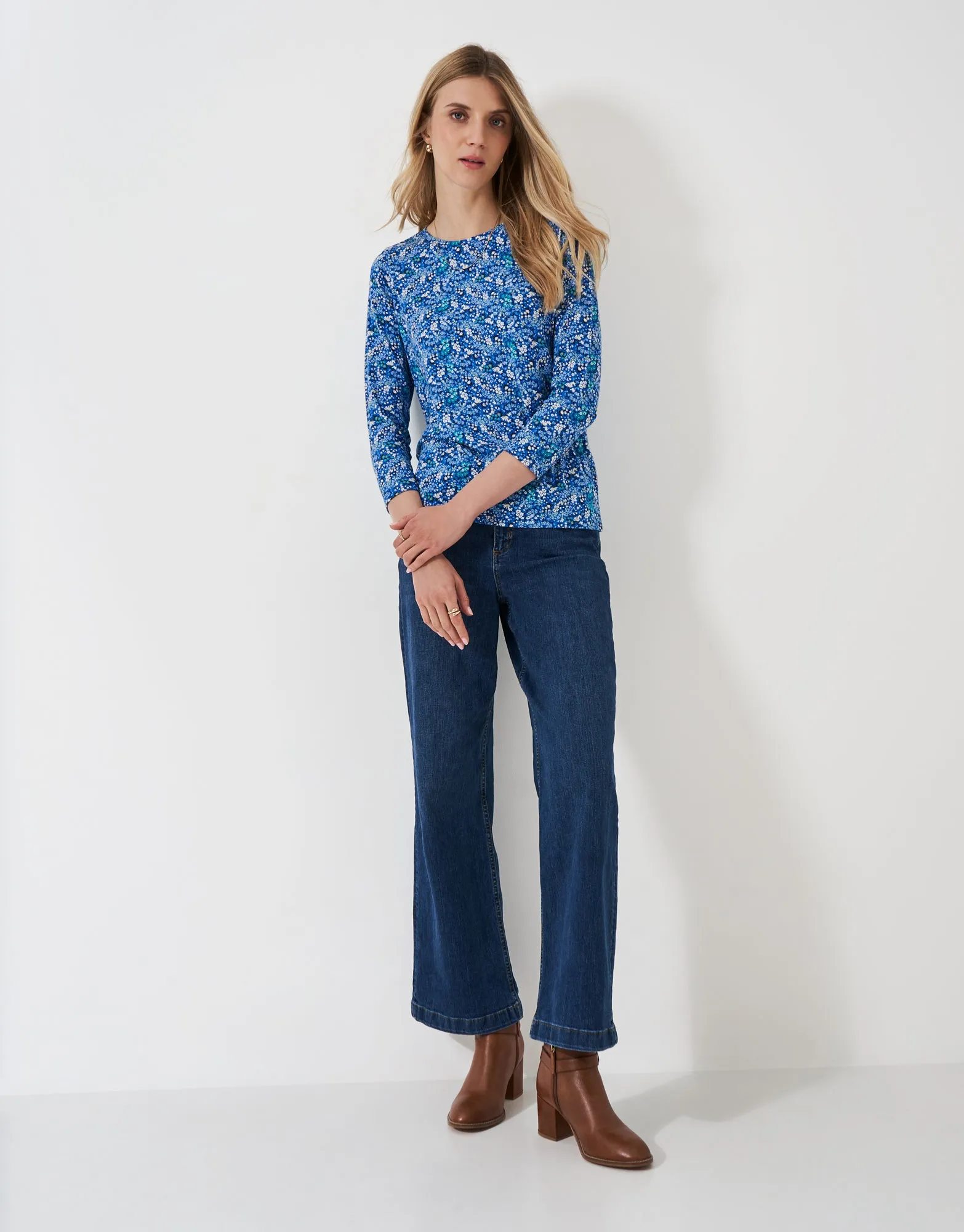 Crew Clothing - 3/4 Sleeve Printed Viscose Top - Blue Ditsy