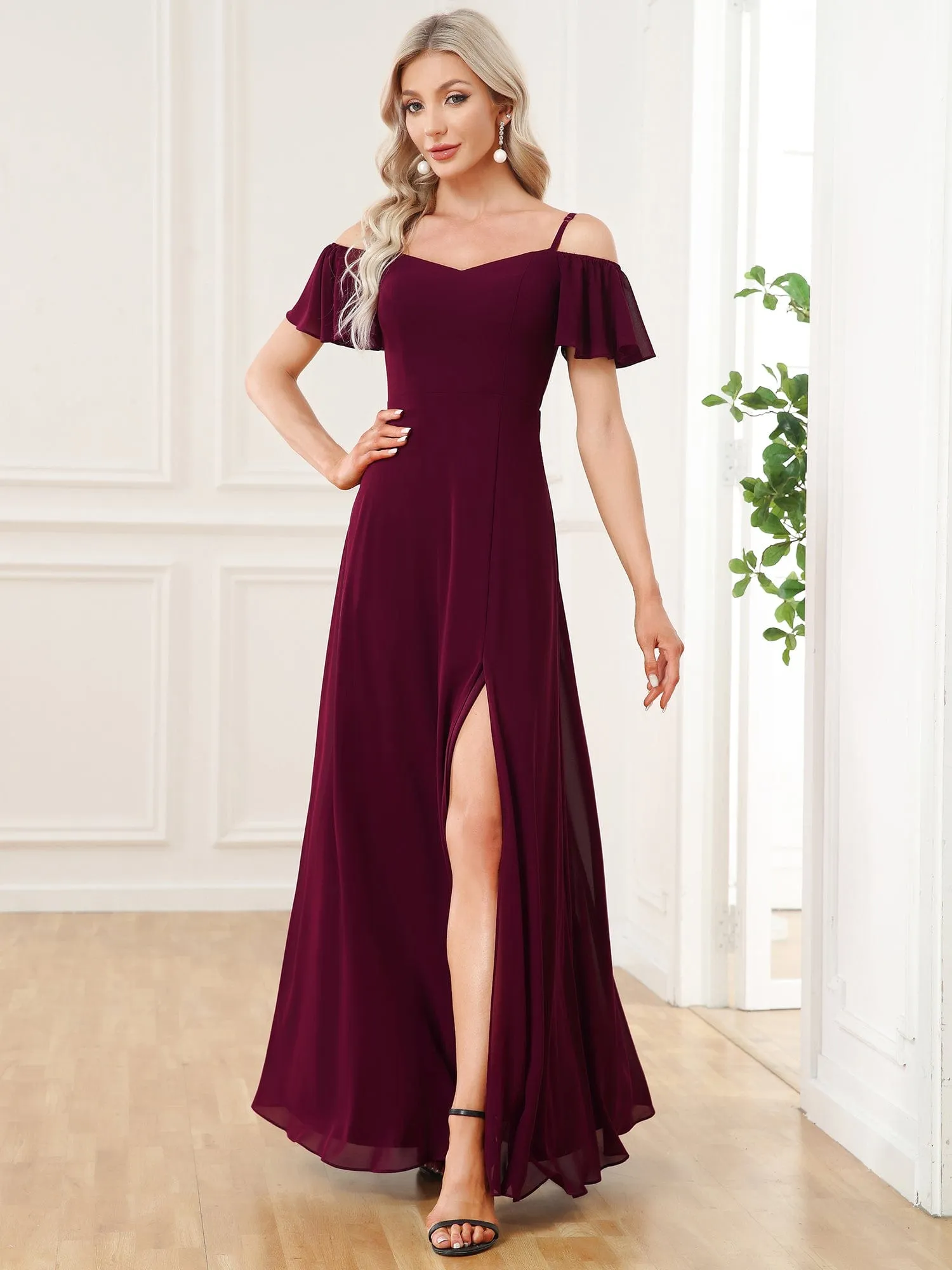 Custom Size Cold Shoulder Formal Bridesmaid Dress with Side Slit