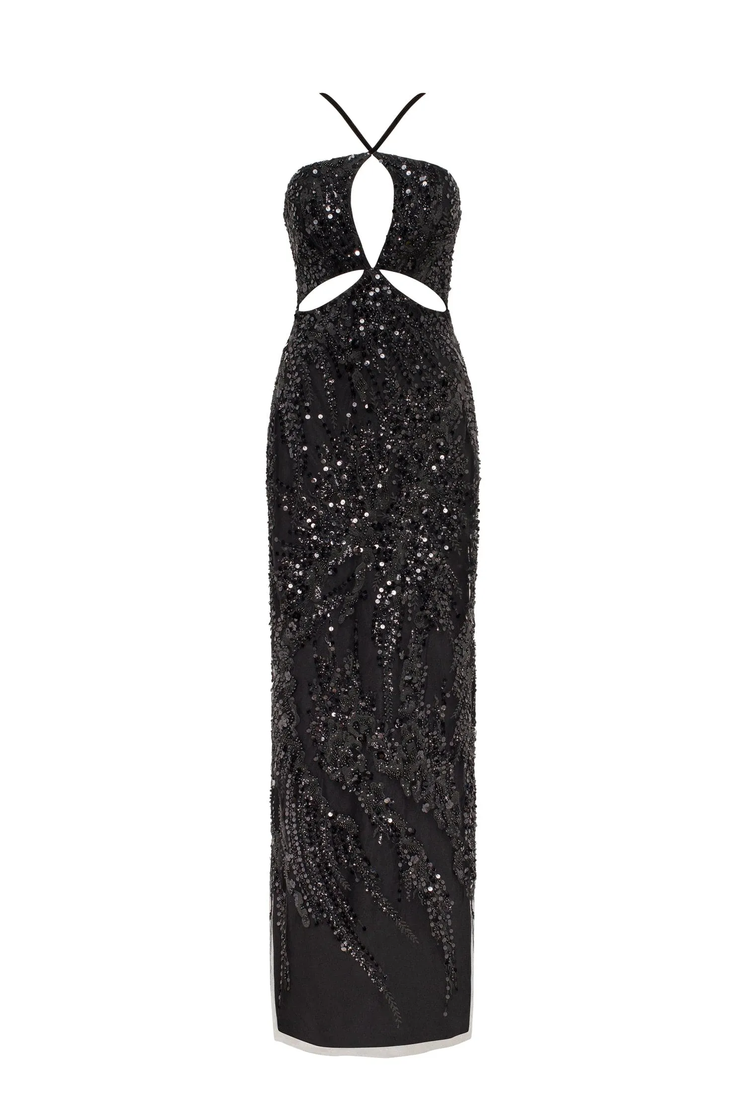 Cut-out halterneck black maxi covered in sequins, Smoky Quartz