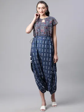 Divena Indigo Hand Block Dhoti Style Cotton Jumpsuit