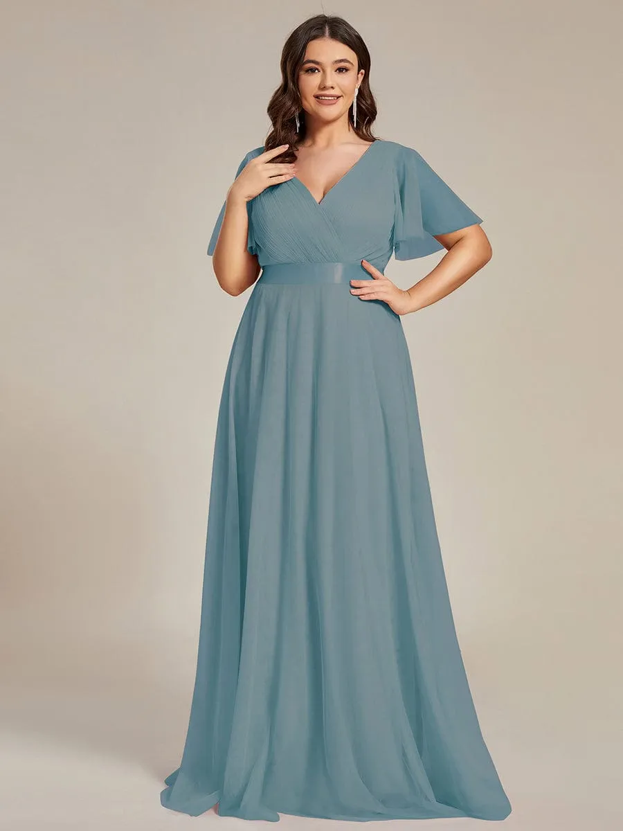 Double V-Neck Floor-Length Short Sleeve Tulle Bridesmaid Dresses