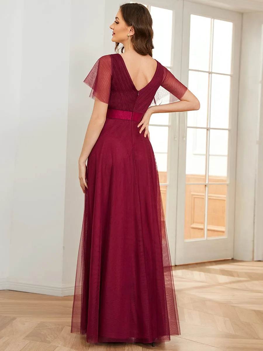 Double V-Neck Floor-Length Short Sleeve Tulle Bridesmaid Dresses