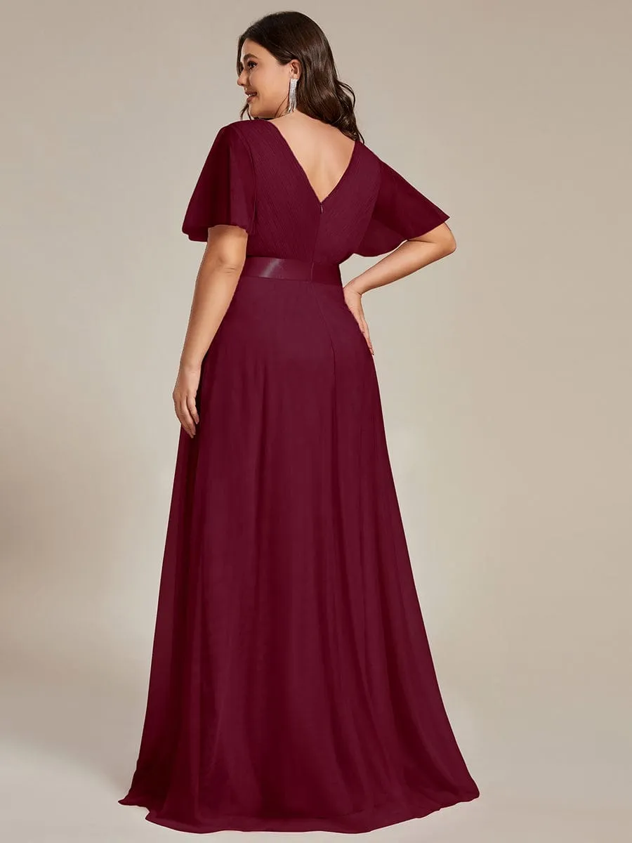 Double V-Neck Floor-Length Short Sleeve Tulle Bridesmaid Dresses