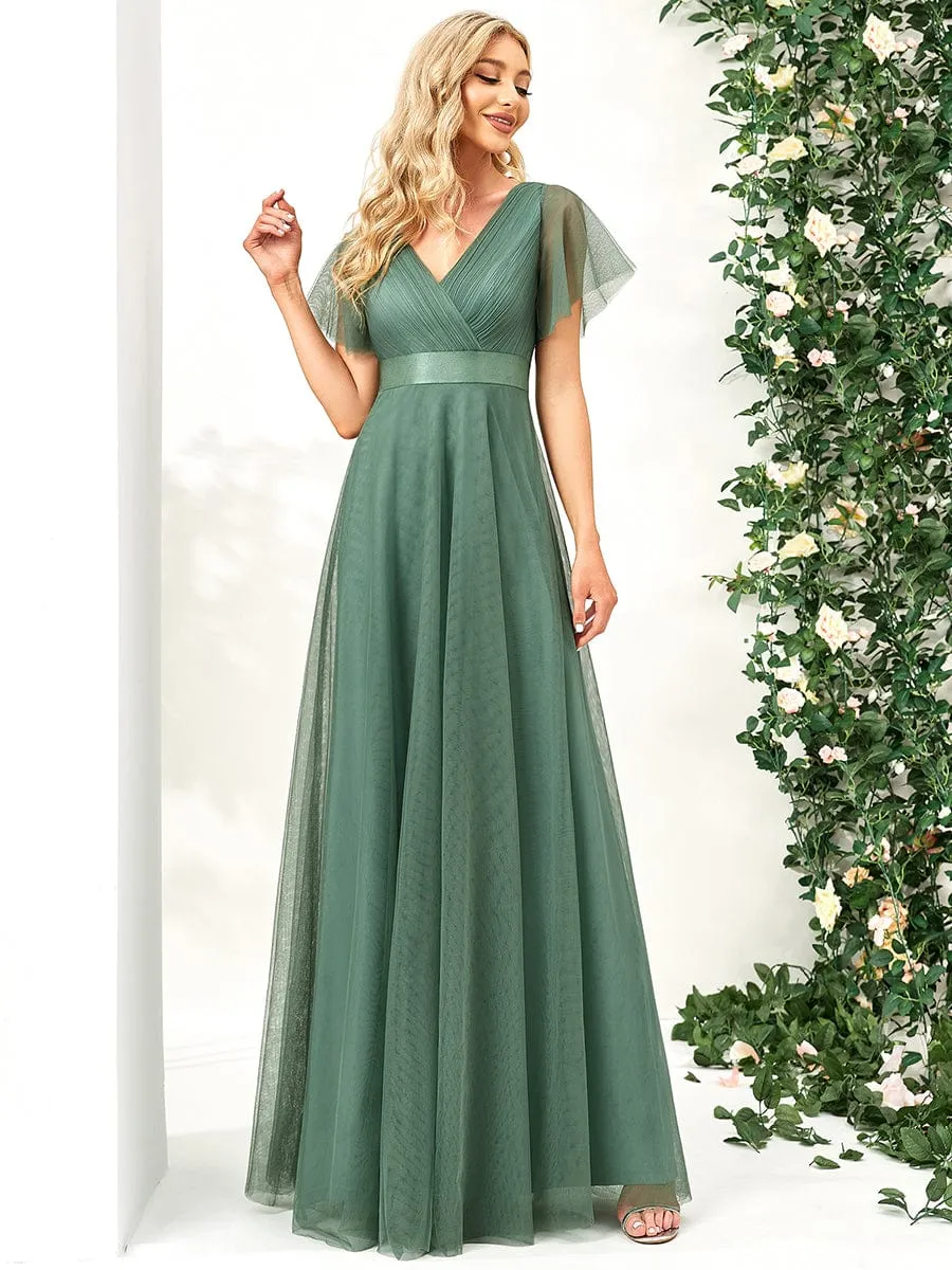 Double V-Neck Floor-Length Short Sleeve Tulle Bridesmaid Dresses