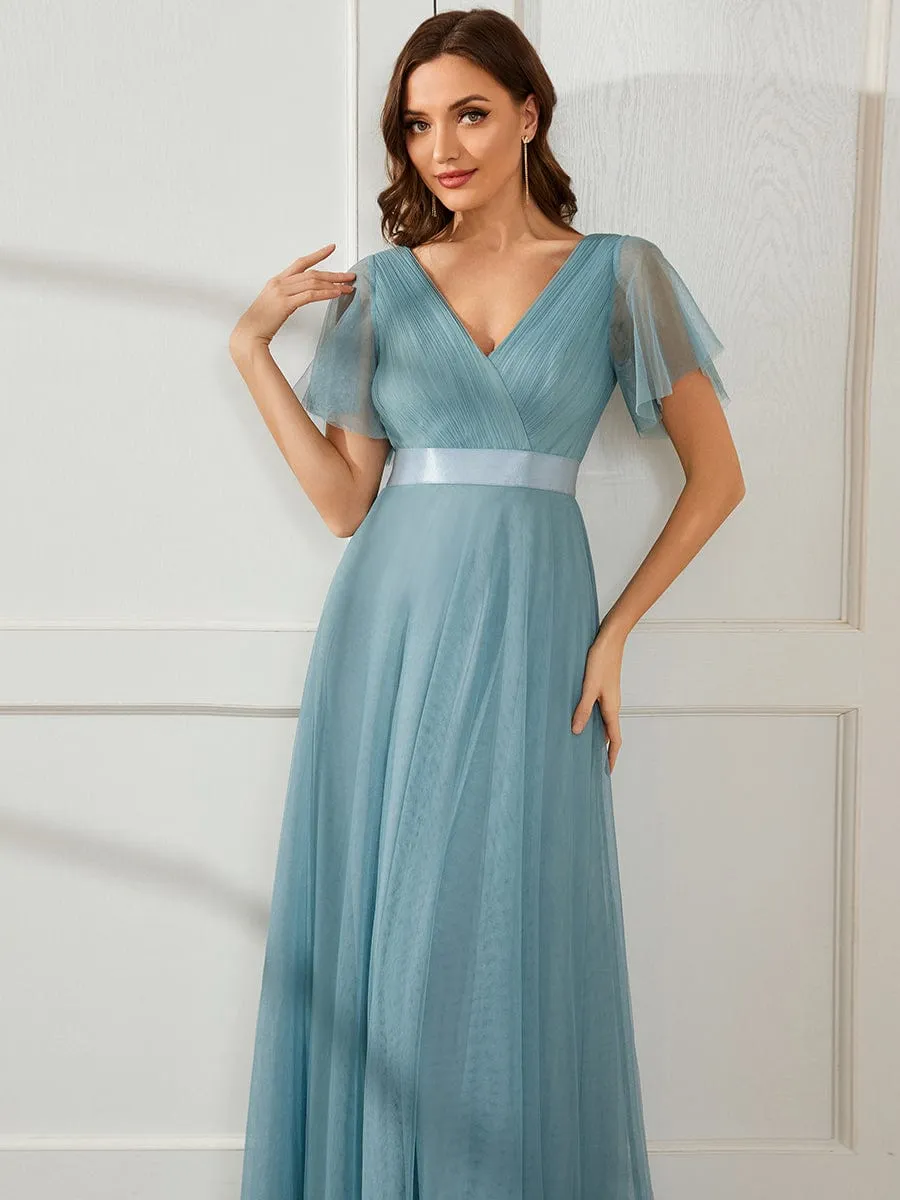 Double V-Neck Floor-Length Short Sleeve Tulle Bridesmaid Dresses