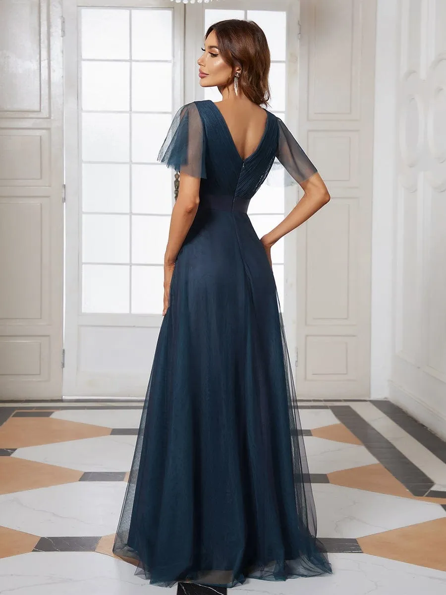 Double V-Neck Floor-Length Short Sleeve Tulle Bridesmaid Dresses