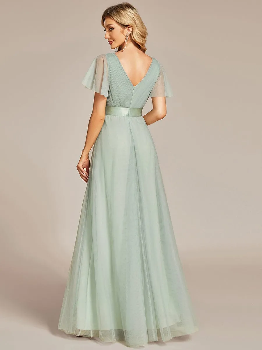 Double V-Neck Floor-Length Short Sleeve Tulle Bridesmaid Dresses