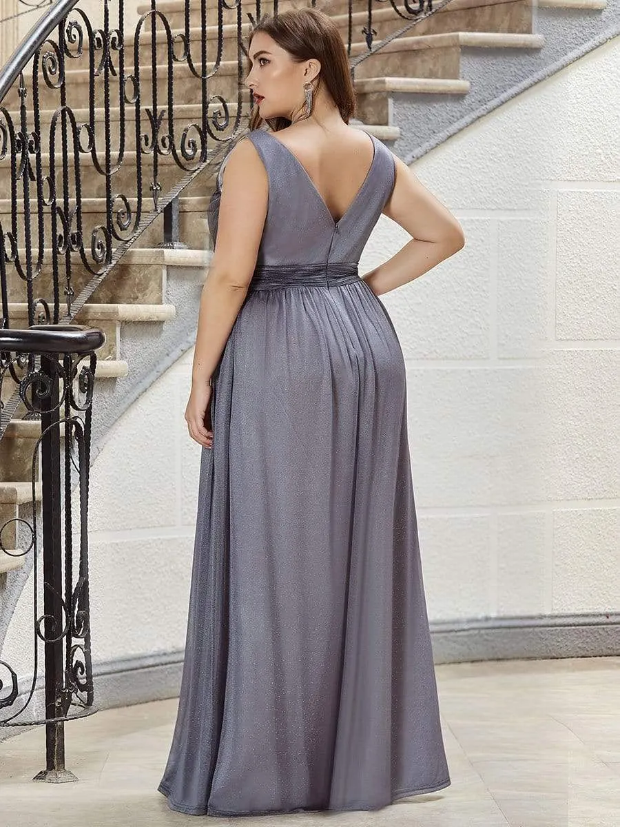 Double V Neck Maxi Long Plus Size Sparkly Evening Dresses for Party