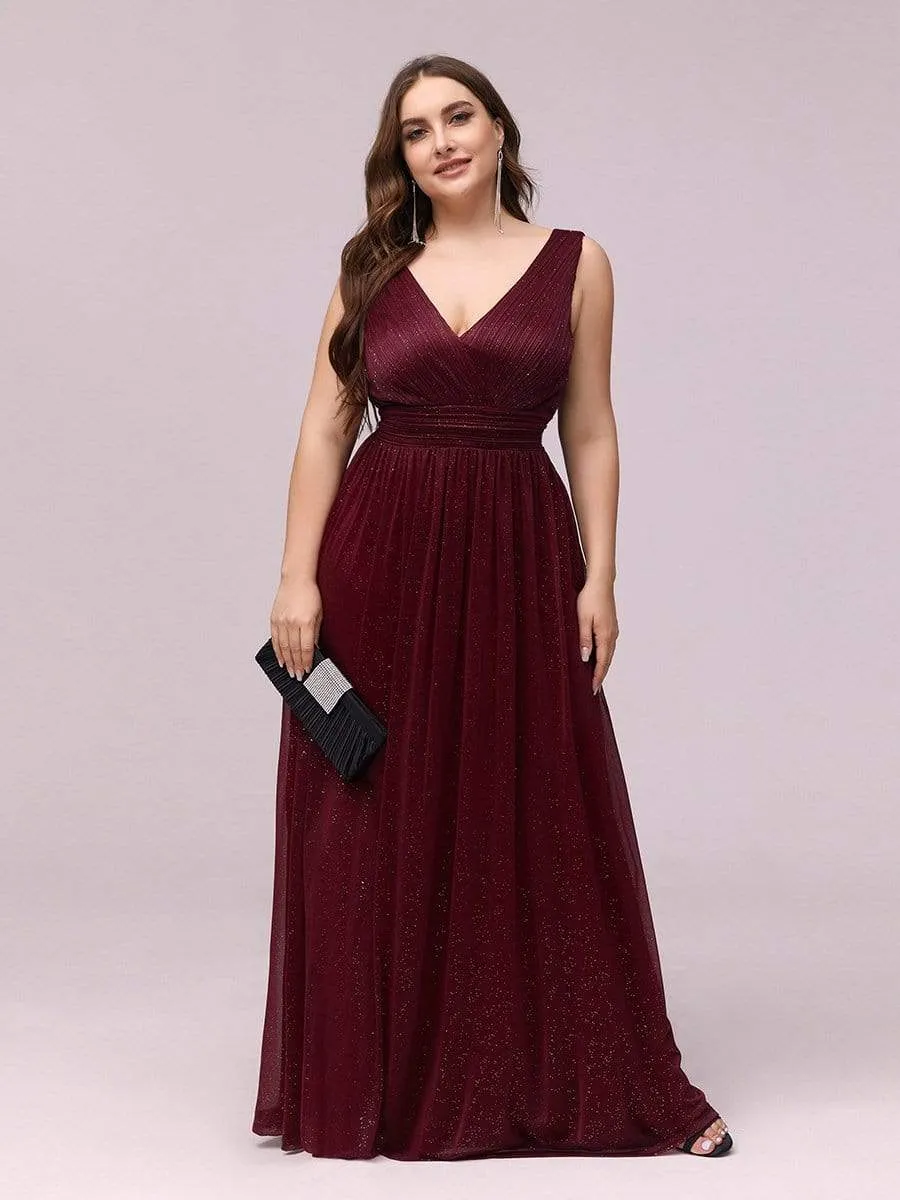 Double V Neck Maxi Long Plus Size Sparkly Evening Dresses for Party