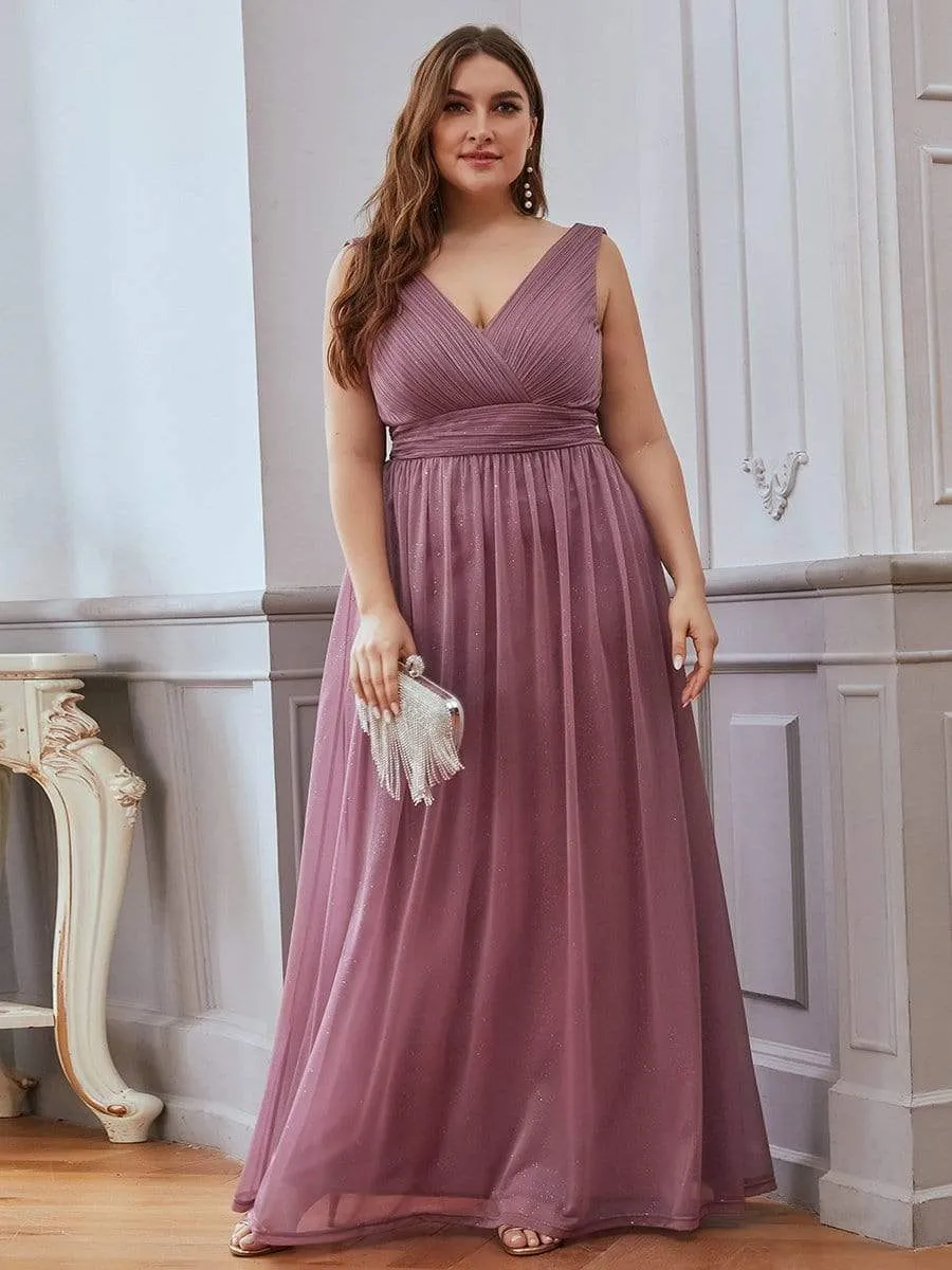 Double V Neck Maxi Long Plus Size Sparkly Evening Dresses for Party