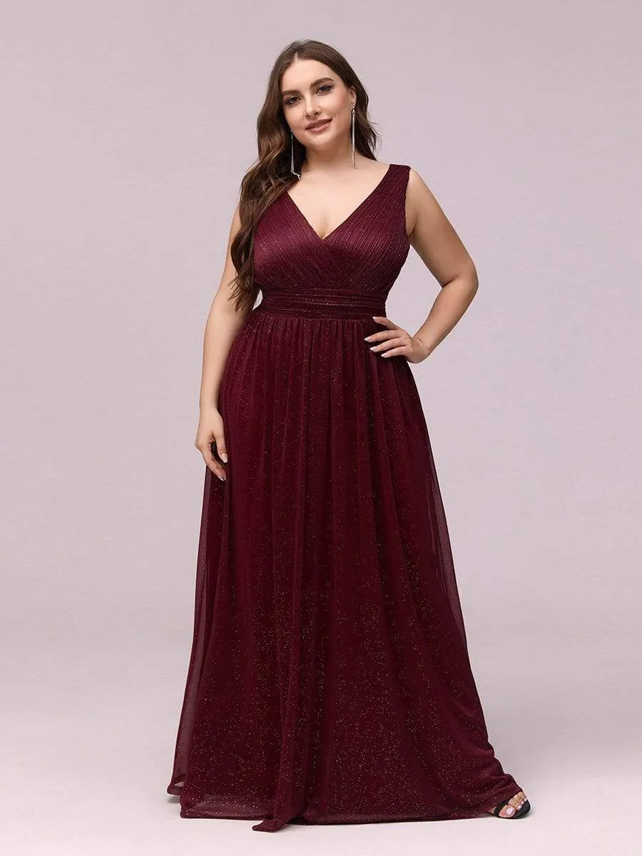 Double V Neck Maxi Long Plus Size Sparkly Evening Dresses for Party