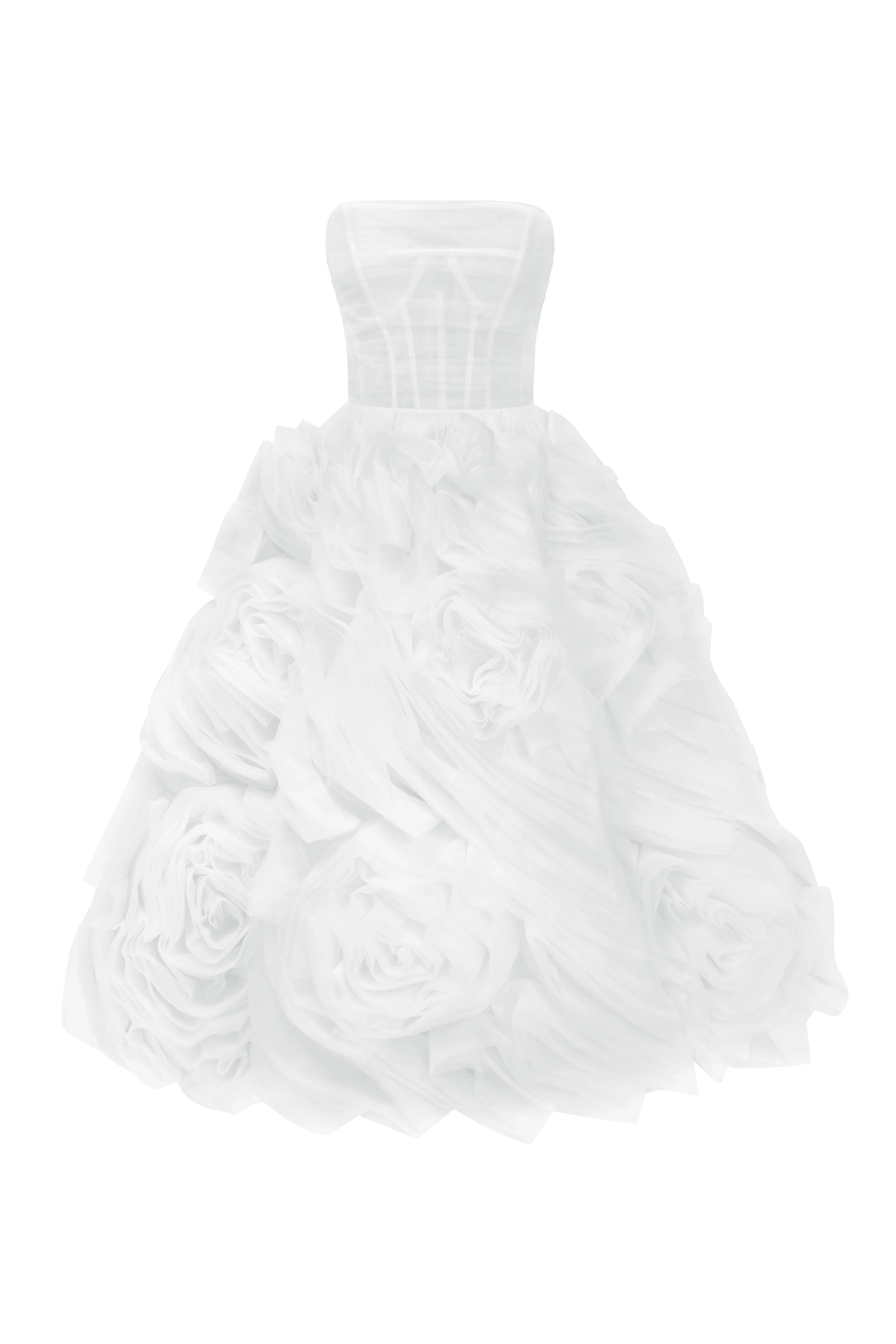 Dramatically flowered tulle dress in white