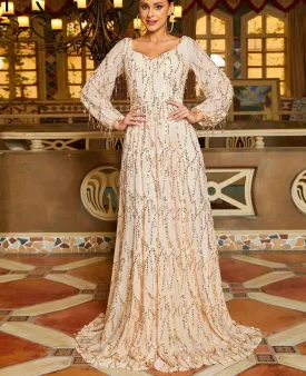 Elegant A-Line Lantern Sleeve Gold Sequin Evening Dress