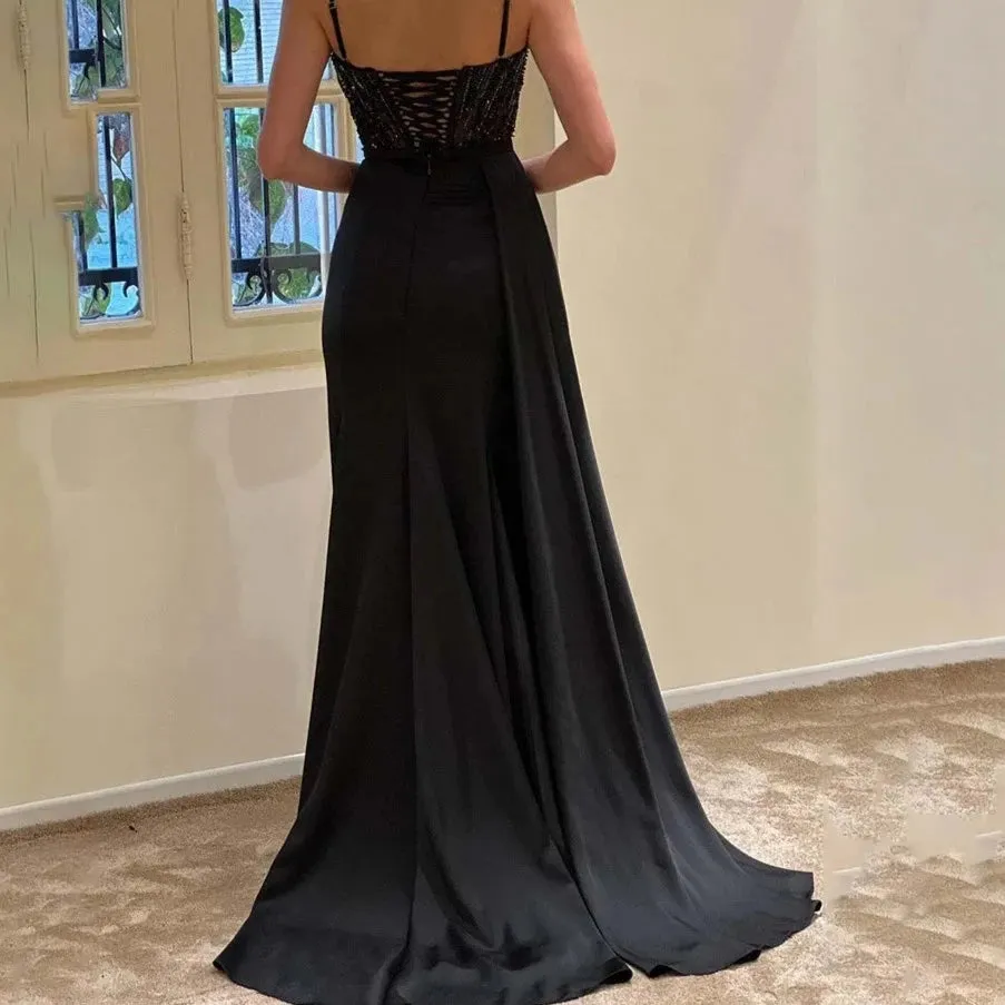 Elegant Beaded Spaghetti Straps Leg Split Formal Evening Gowns