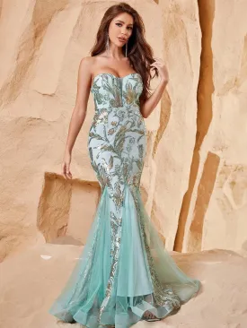 Elegant Mesh Insert Sequin Mermaid Hem Tube Dress