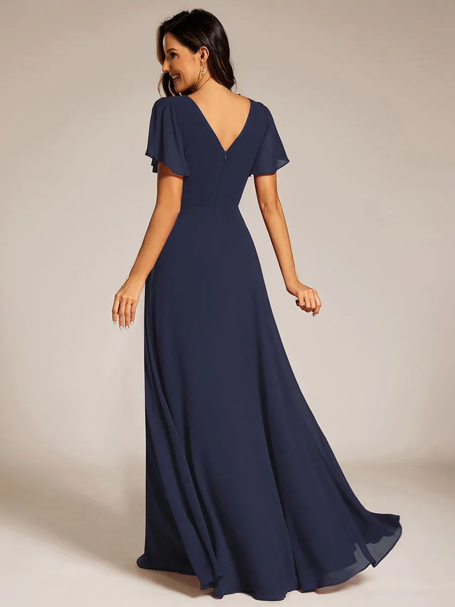 Elegant Midi Length Ruffles Sleeves Chiffon Dresses Empire Waist Evening Dresses with Belt