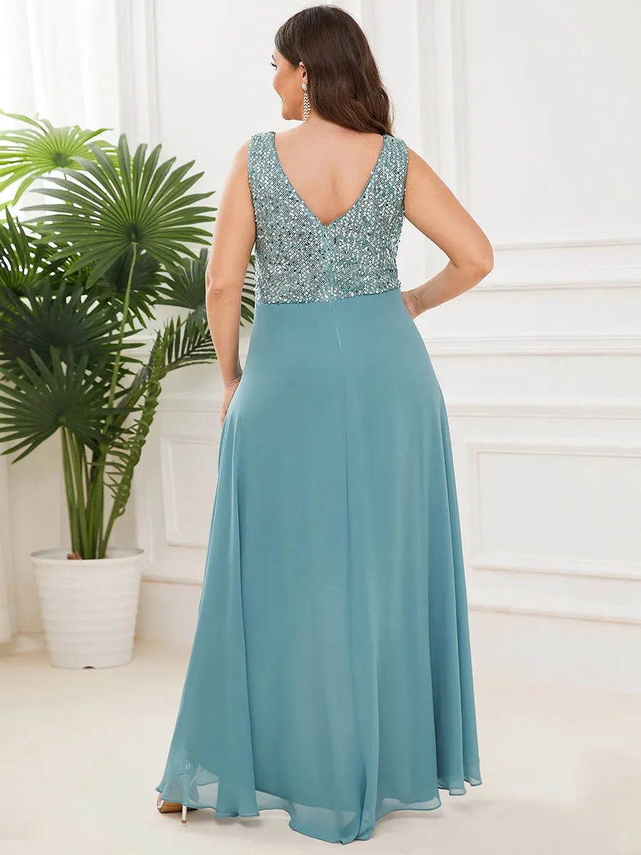 Elegant Paillette & Chiffon V-neck Sleeveless Plus Size Wholesale Evening Dresses