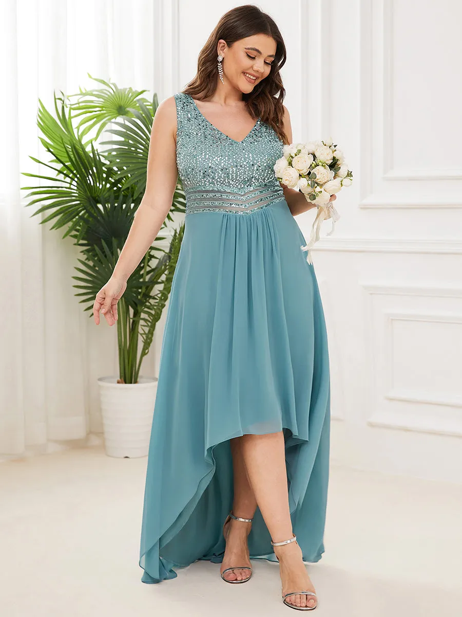 Elegant Paillette & Chiffon V-neck Sleeveless Plus Size Wholesale Evening Dresses