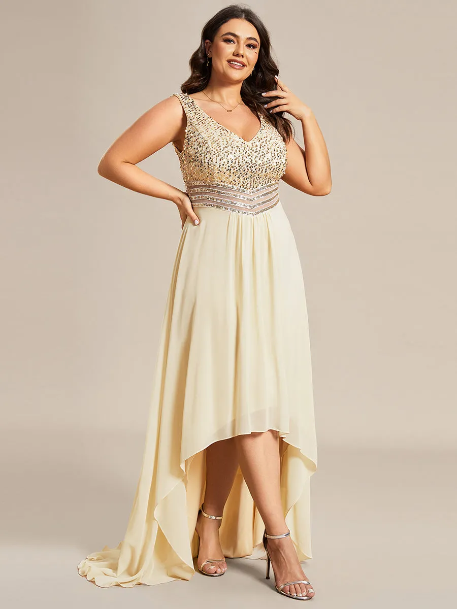 Elegant Paillette & Chiffon V-neck Sleeveless Plus Size Wholesale Evening Dresses