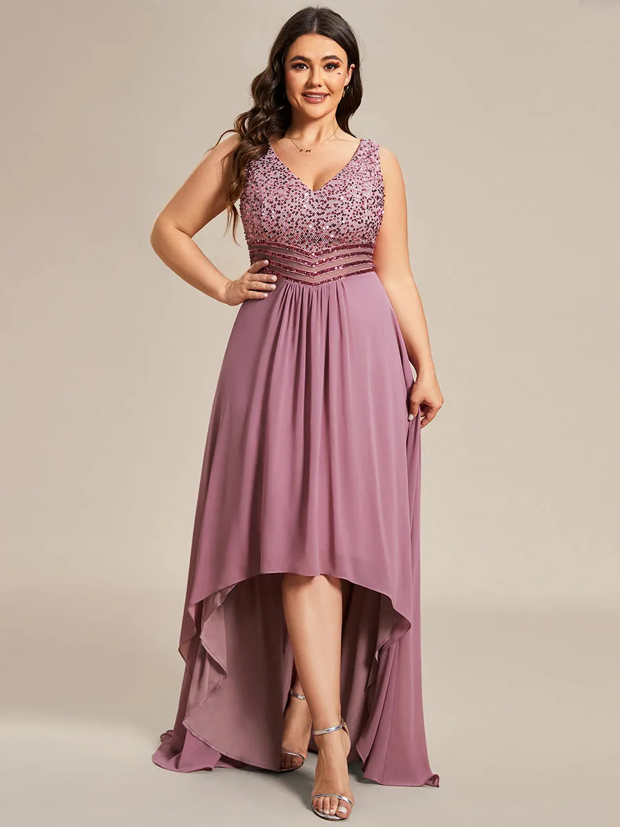 Elegant Paillette & Chiffon V-neck Sleeveless Plus Size Wholesale Evening Dresses