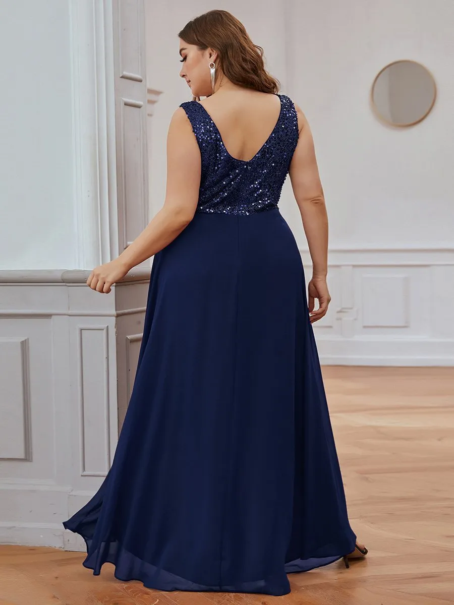 Elegant Paillette & Chiffon V-neck Sleeveless Plus Size Wholesale Evening Dresses