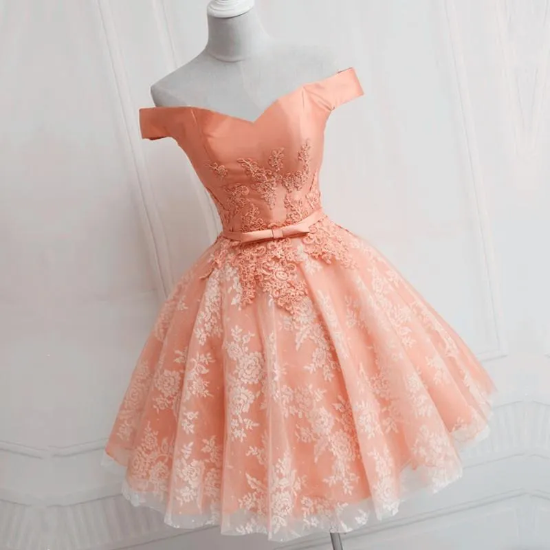 Elegant Pink Lace Appliques Satin Off The Shoulder Homecoming Dress Short Prom Dress