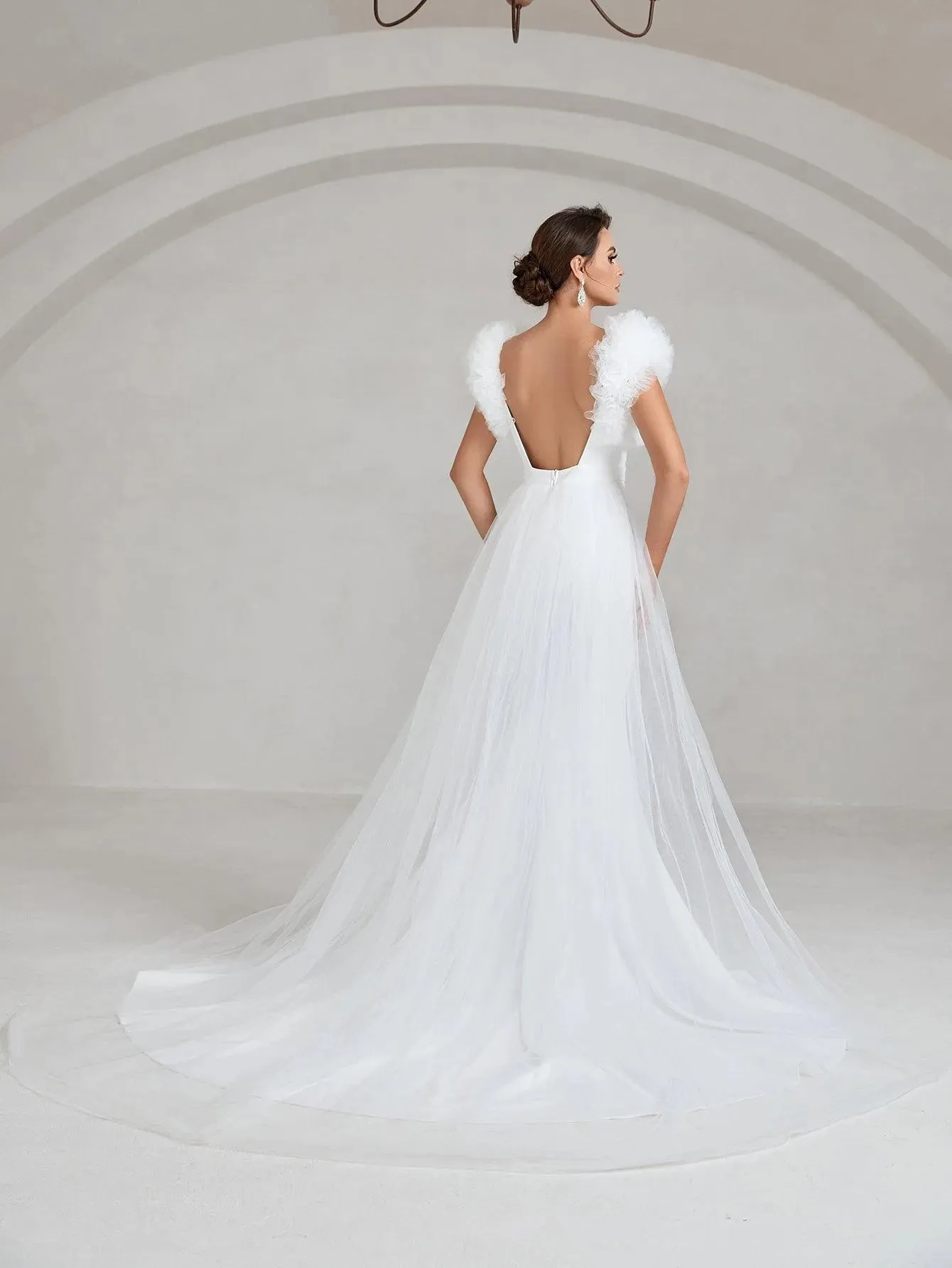 Elegant Ruffle Trim Backless Mermaid Hem Wedding Dress