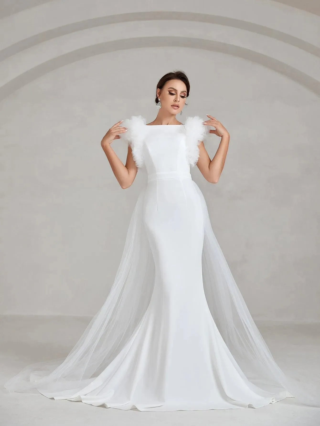 Elegant Ruffle Trim Backless Mermaid Hem Wedding Dress