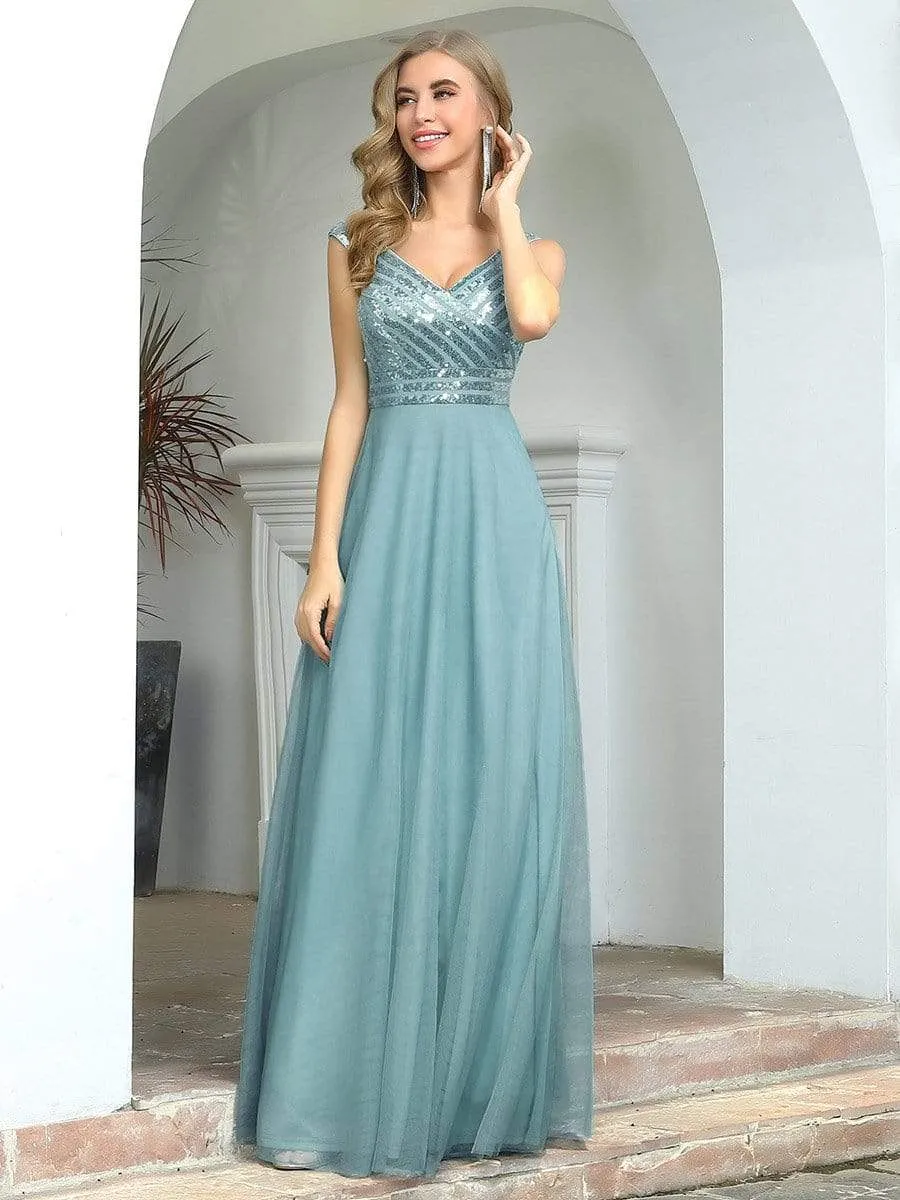 Elegant V Neck A-Line Sleeveless Long Bridesmaid Dress for Women