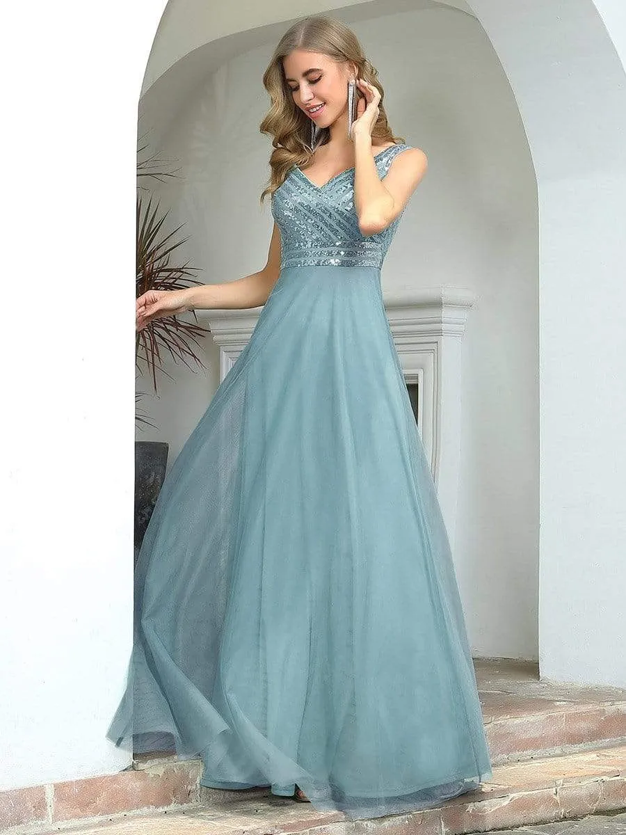 Elegant V Neck A-Line Sleeveless Long Bridesmaid Dress for Women