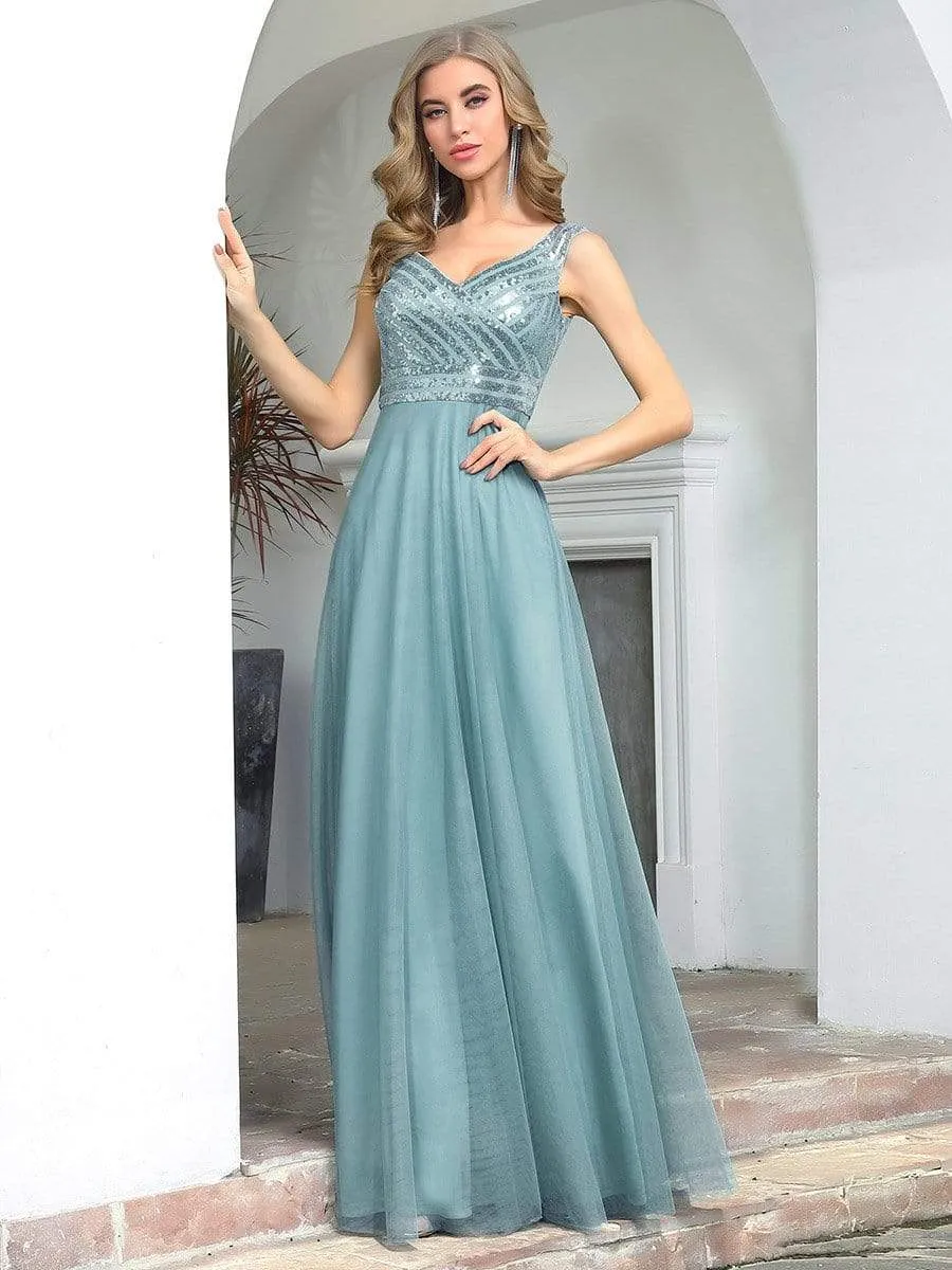 Elegant V Neck A-Line Sleeveless Long Bridesmaid Dress for Women