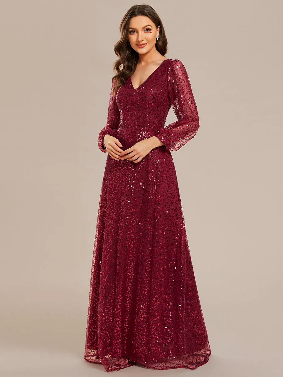 Elegant waisted chiffon V-neck long sleeve guest dress wholesale