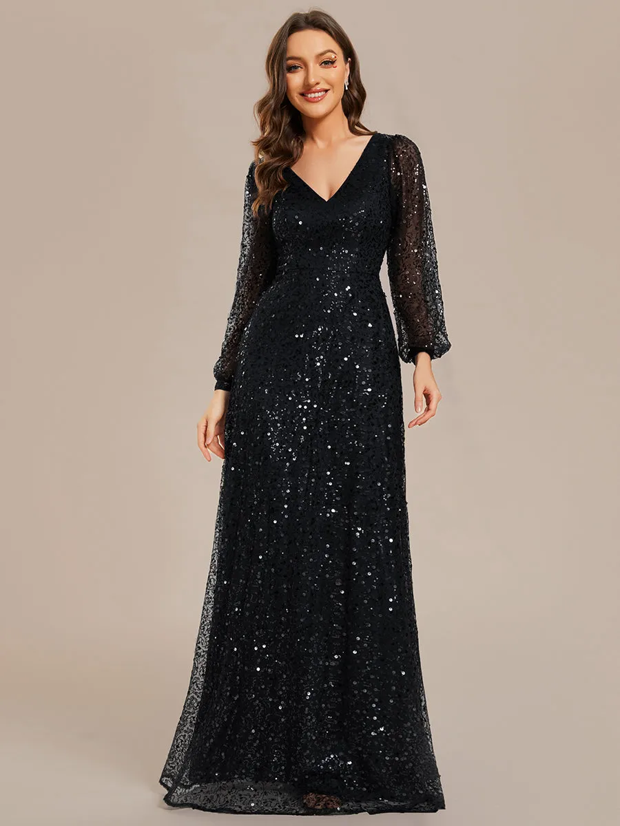 Elegant waisted chiffon V-neck long sleeve guest dress wholesale