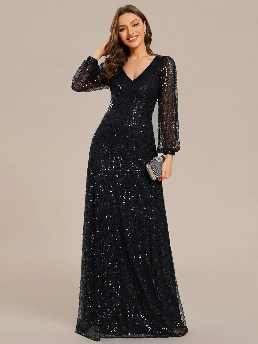 Elegant waisted chiffon V-neck long sleeve guest dress wholesale