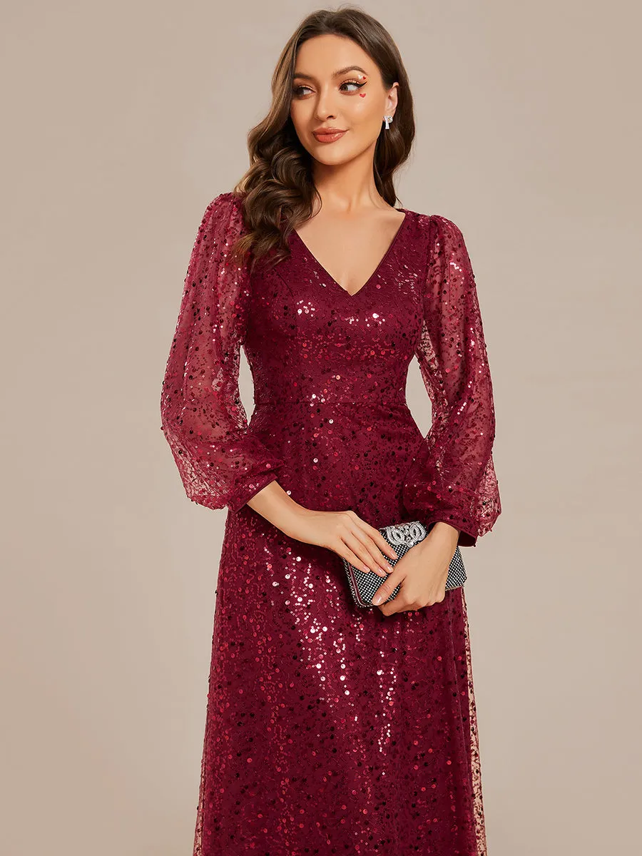 Elegant waisted chiffon V-neck long sleeve guest dress wholesale