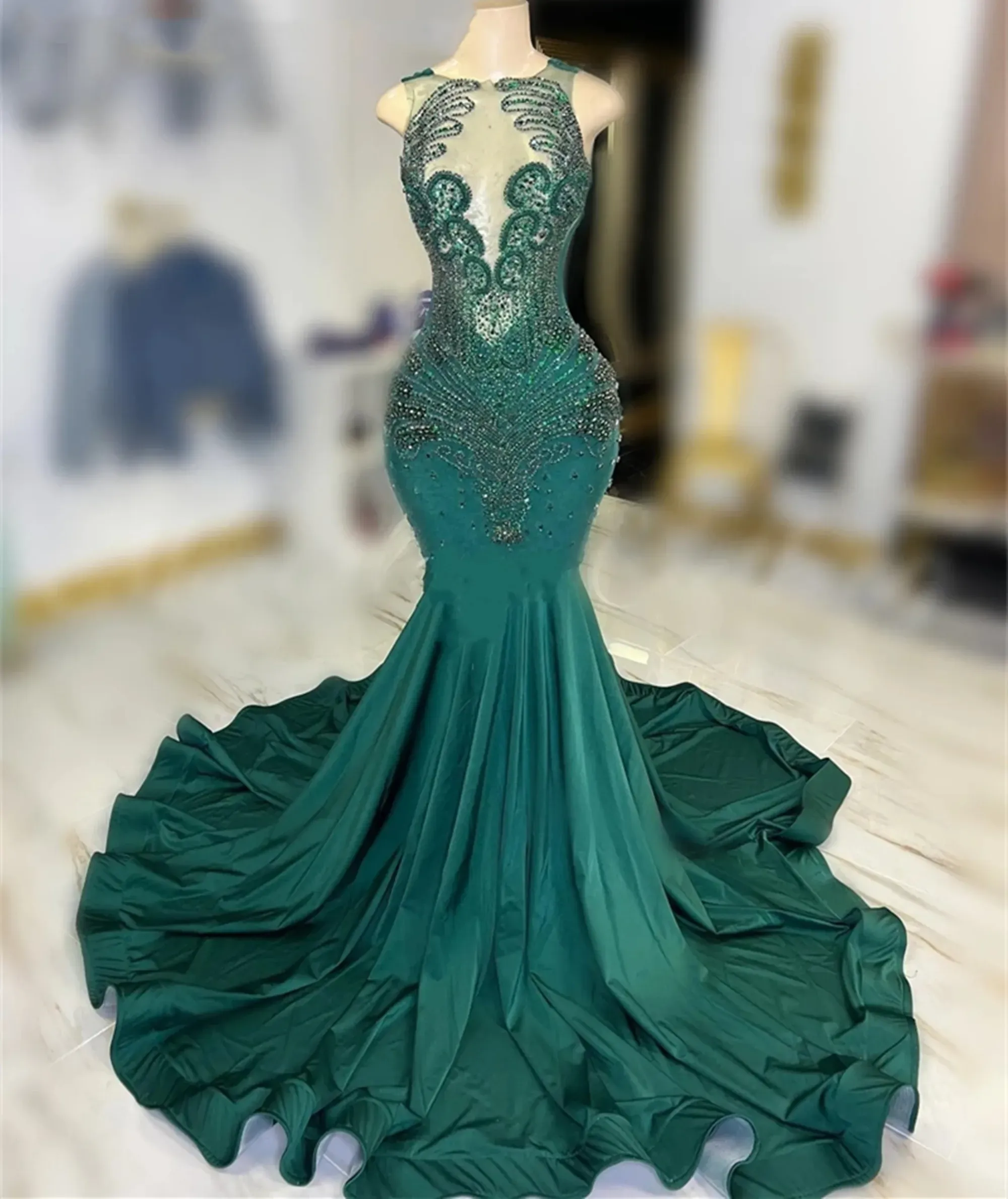 Emerald Green Luxury Prom Dresses Crystal Beads Mermaid Girls Senior Graduation Party Gowns 2023 New Goegeous Evening Maxi