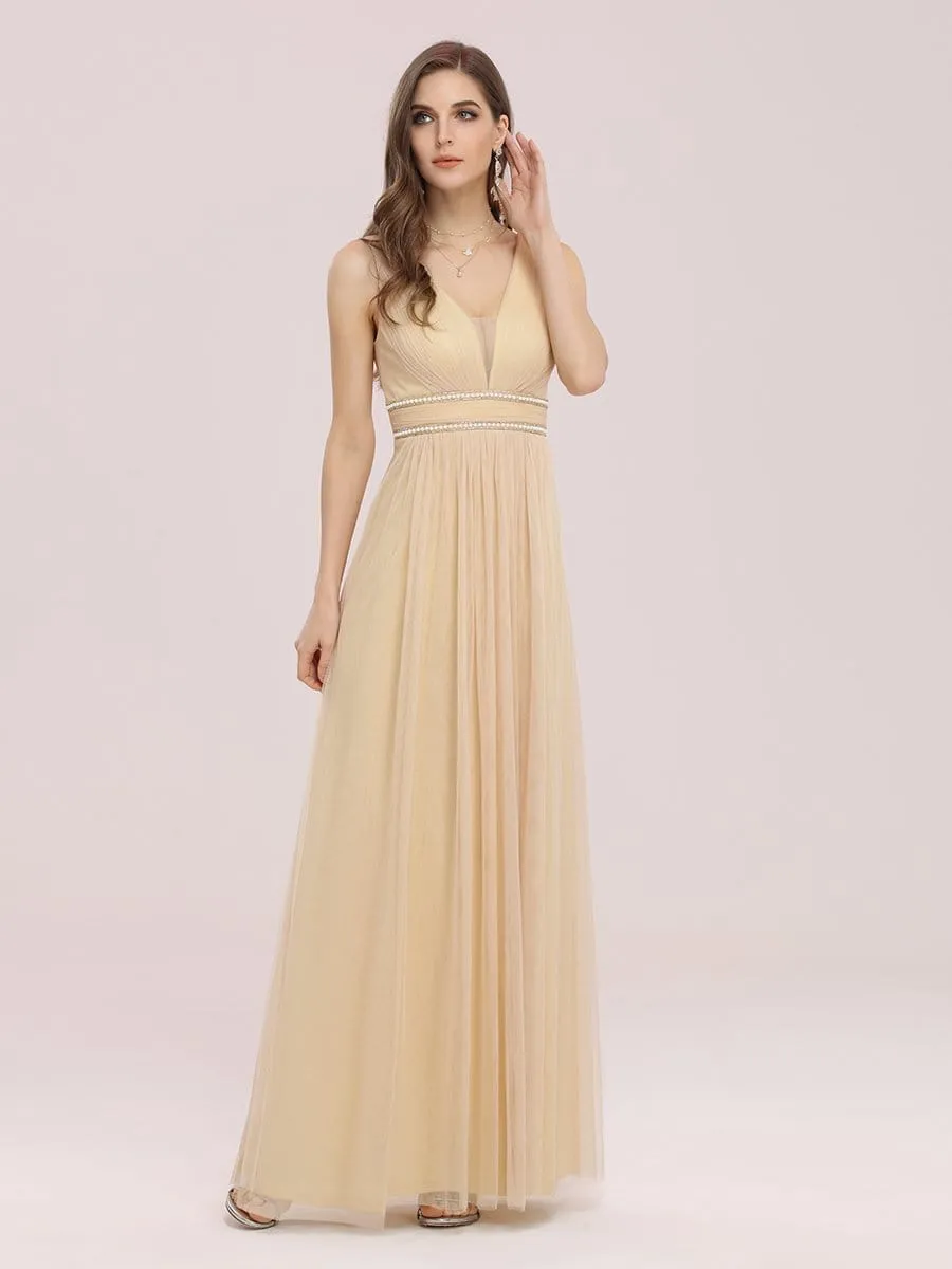 Fancy Sleeveless Beaded Belt Tulle Bridesmaid Dress