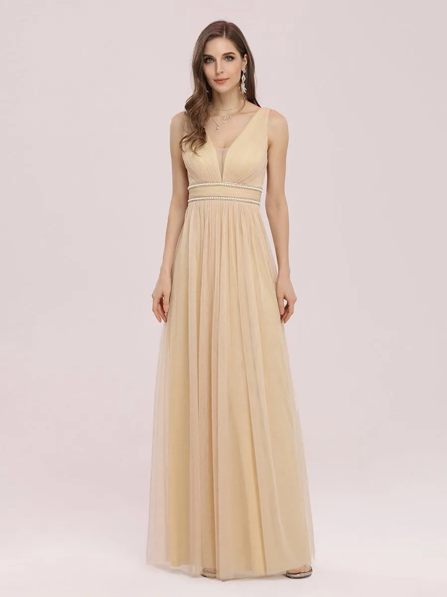 Fancy Sleeveless Beaded Belt Tulle Bridesmaid Dress