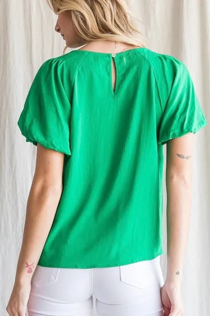 Fiona Solid Short Puff Sleeve Top- Kelly Green