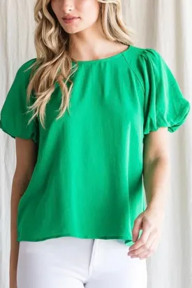 Fiona Solid Short Puff Sleeve Top- Kelly Green