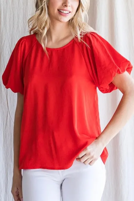 Fiona Solid Short Puff Sleeve Top- Red