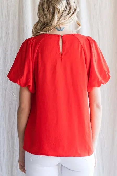 Fiona Solid Short Puff Sleeve Top- Red