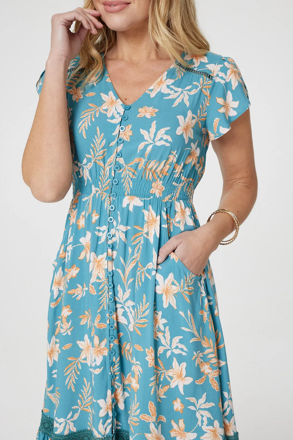 Floral V-Neck Shirred Midi Dress