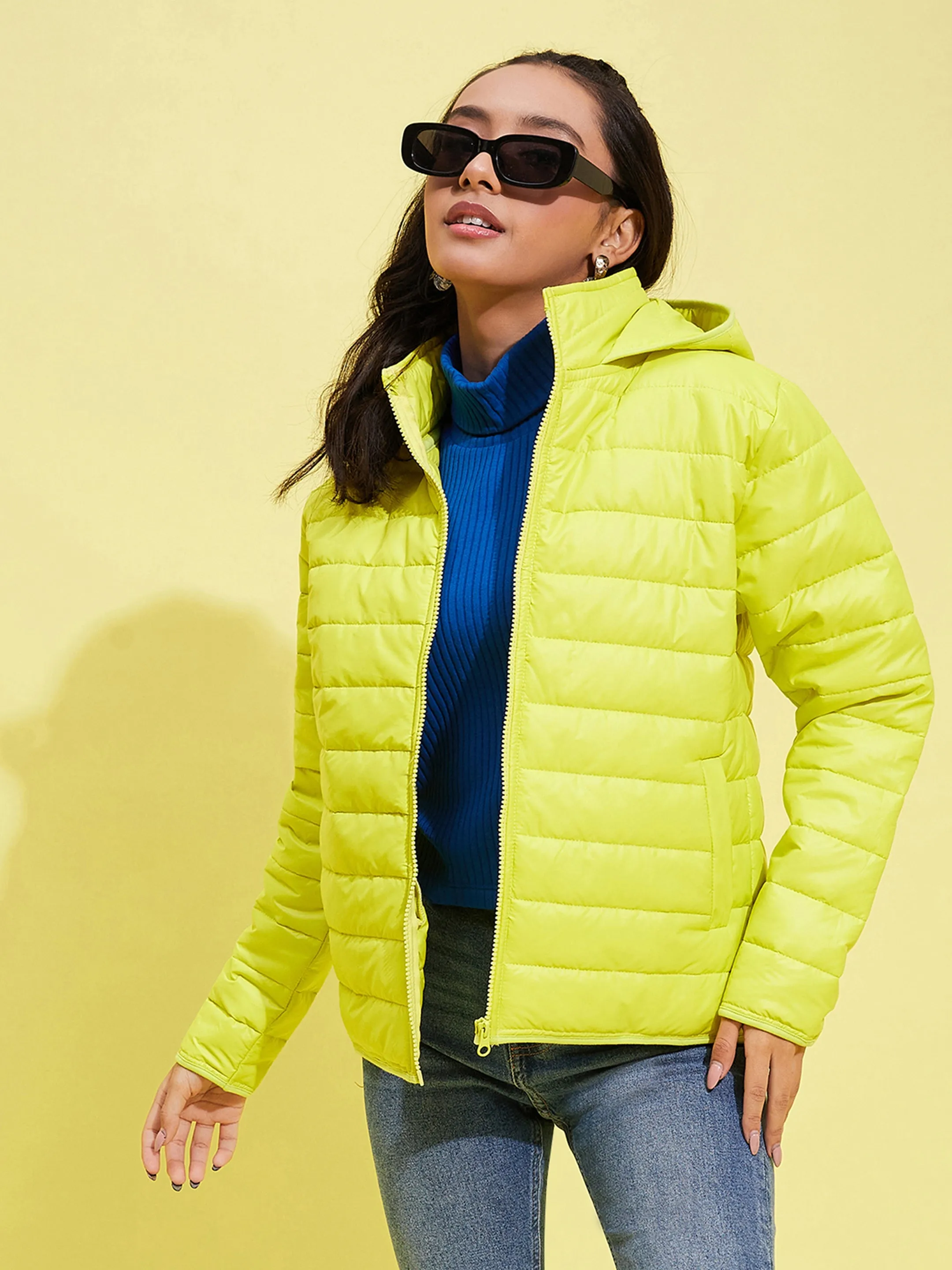 Girls Neon Yellow Quilted Hooded Jacket