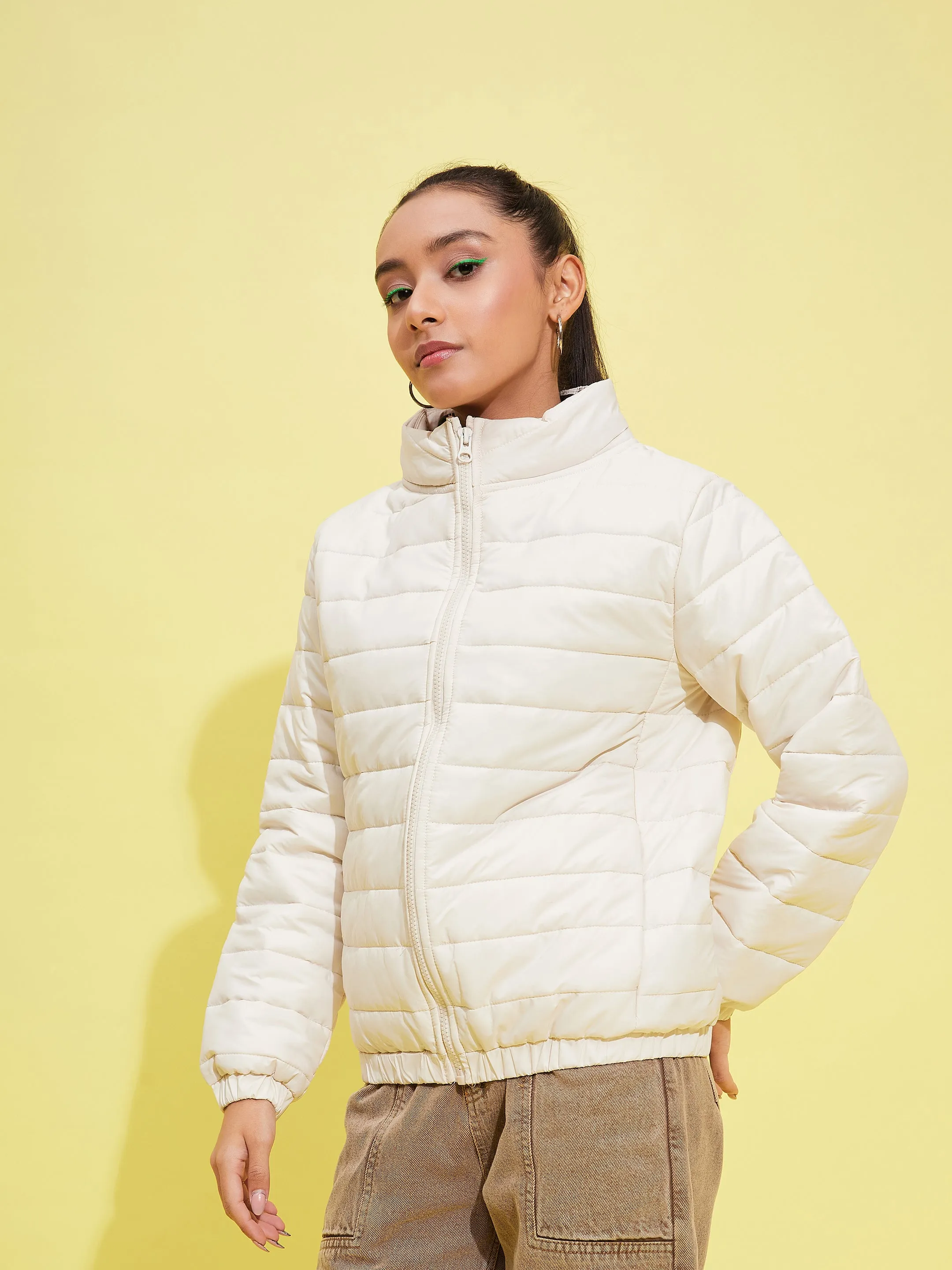 Girls Off White Taffeta Quilted Zipper Jacket